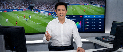 体育广播演播室内主播正在进行赛事直播解说，身后的大屏幕上播放着比赛画面和数据图表