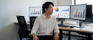 体育数据分析师在工作站前查看比赛数据图表